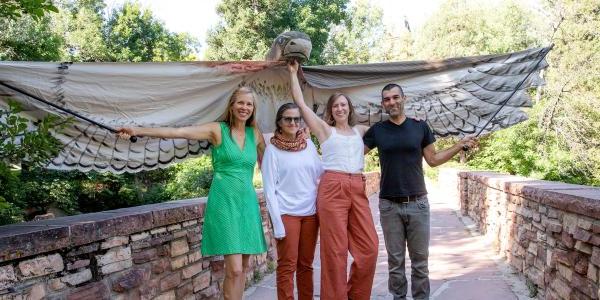 Group photo with bird costume