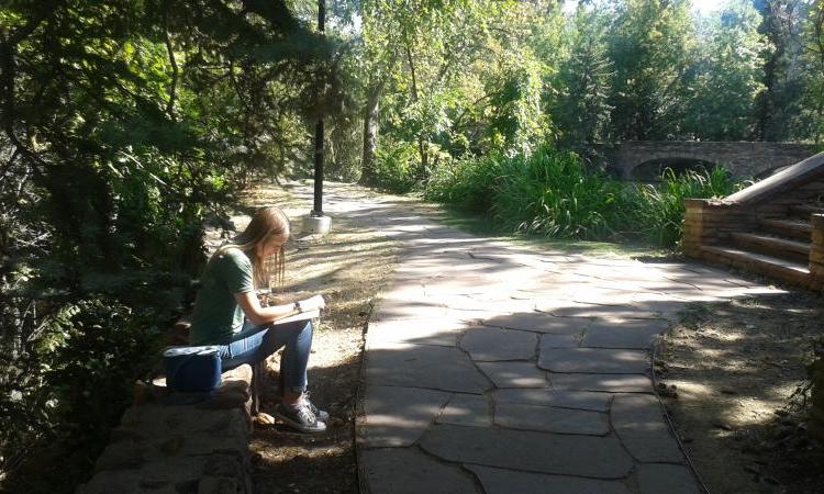 graduate student studying next to Varsity pond.