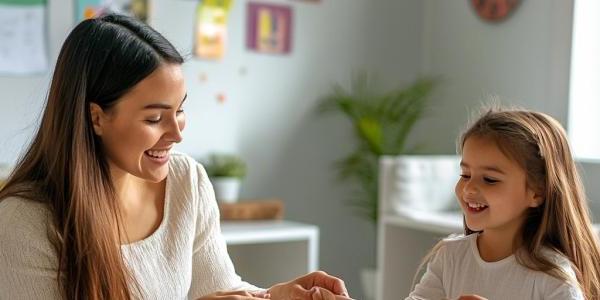 Therapist and child look at cards