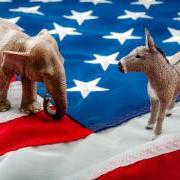 Photo of a donkey and elephant figurine on top of an American flag