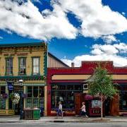 View of storefronts in Breckenridge, Colorado.