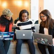 Stock photo of three young professionals working on laptops