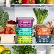 Fresh fruits and veggies in a refrigerator