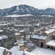 aerial view of a snowy campus