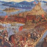 Painting of army invading the Aztec city of Tenochtitlan